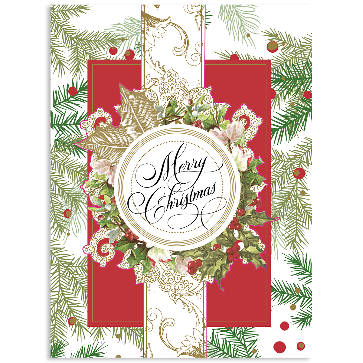 The Merry Christmas Spruce Boxed Card 10 ct. features a festive wreath, holly, and pine branches on a red and white backdrop with "Merry Christmas" in cursive—a charming option for handmade-style holiday greetings.