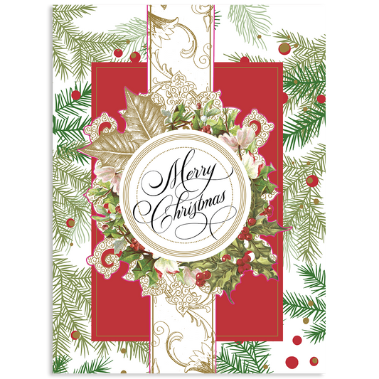 The Merry Christmas Spruce Boxed Card 10 ct. features a festive wreath, holly, and pine branches on a red and white backdrop with "Merry Christmas" in cursive—a charming option for handmade-style holiday greetings.