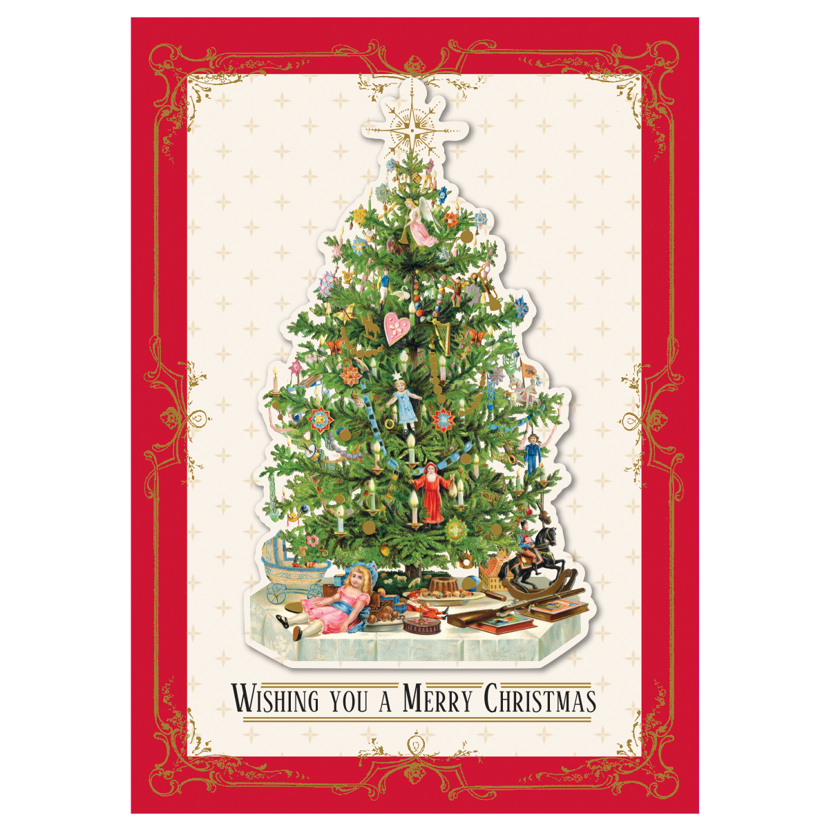 The "Vintage Tree Boxed Card 10 ct" features a charming Christmas tree adorned with ornaments and surrounded by presents, framed in a red border with festive gold details. Beneath the tree, the message "Wishing you a Merry Christmas" is inscribed. These handmade holiday cards include specialty finishes that enhance their elegance.