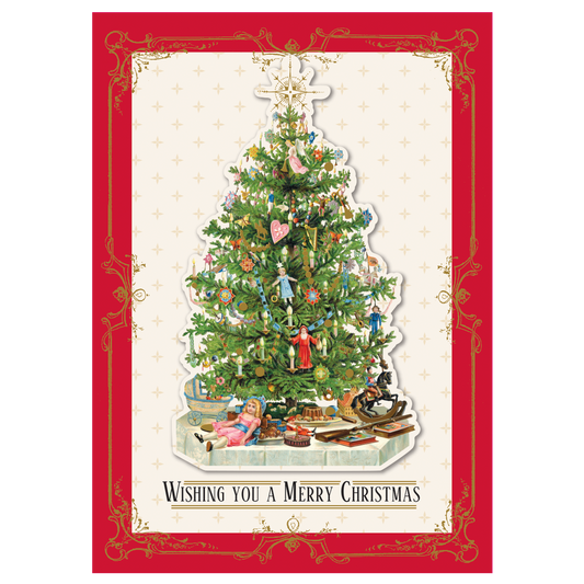 The "Vintage Tree Boxed Card 10 ct" features a charming Christmas tree adorned with ornaments and surrounded by presents, framed in a red border with festive gold details. Beneath the tree, the message "Wishing you a Merry Christmas" is inscribed. These handmade holiday cards include specialty finishes that enhance their elegance.