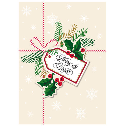 Snowflake Present Boxed Card 10 ct comes with a holiday card adorned with a tag that reads "Merry & Bright." The card is beautifully decorated with holly, pine branches, berries, and a red and white ribbon. This three-dimensional card boasts specialty finishes that make it truly stand out among handmade holiday cards.