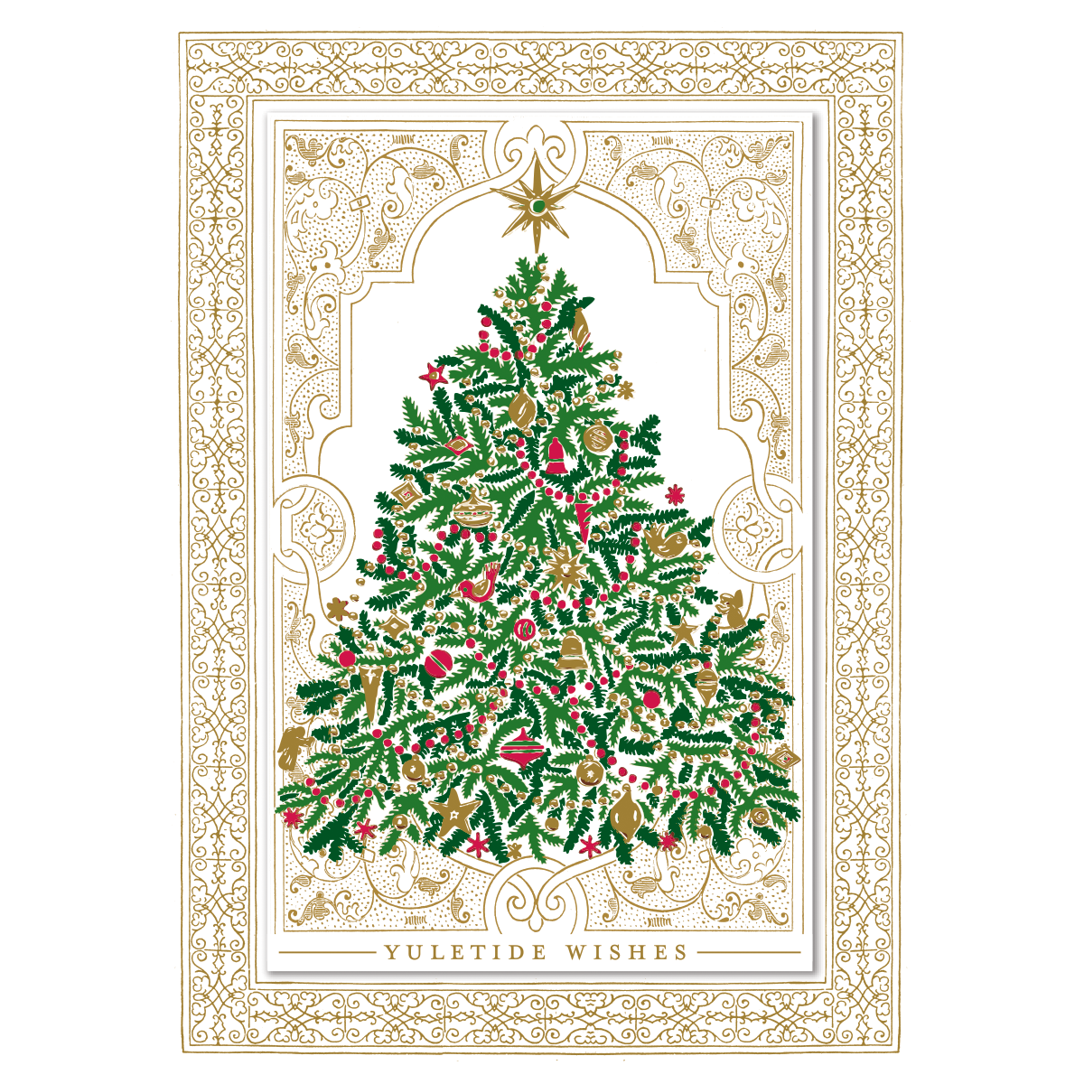 The Traditional Tree Boxed Card 10 ct contains ornate, handmade holiday cards that feature intricately decorated, 3-dimensional Christmas trees with the text "Yuletide Wishes" below them. Each card is beautifully adorned with an elaborate gold border and festive decorations.