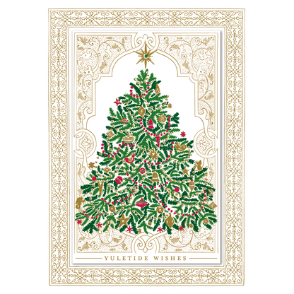 The Traditional Tree Boxed Card 10 ct contains ornate, handmade holiday cards that feature intricately decorated, 3-dimensional Christmas trees with the text "Yuletide Wishes" below them. Each card is beautifully adorned with an elaborate gold border and festive decorations.