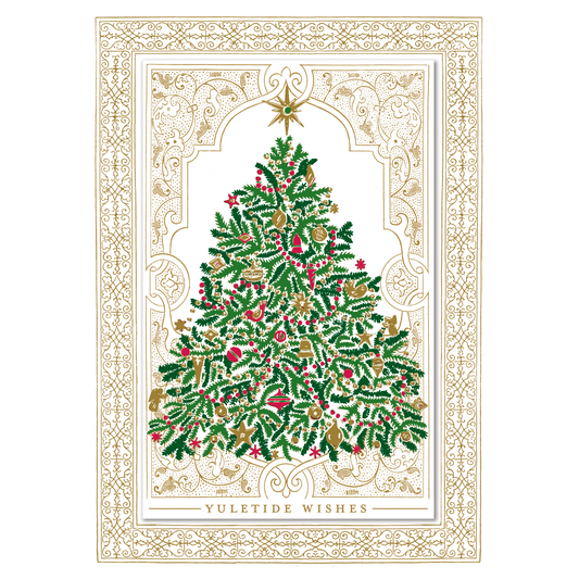 The Traditional Tree Boxed Card 10 ct contains ornate, handmade holiday cards that feature intricately decorated, 3-dimensional Christmas trees with the text "Yuletide Wishes" below them. Each card is beautifully adorned with an elaborate gold border and festive decorations.