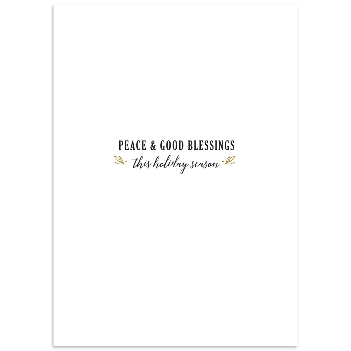 A handmade holiday card, part of the Angel Gold Boxed Card 10 ct set, featuring the message "Peace & Good Blessings this holiday season" in elegant black and gold lettering on a pristine white background, adorned with specialty finishes.