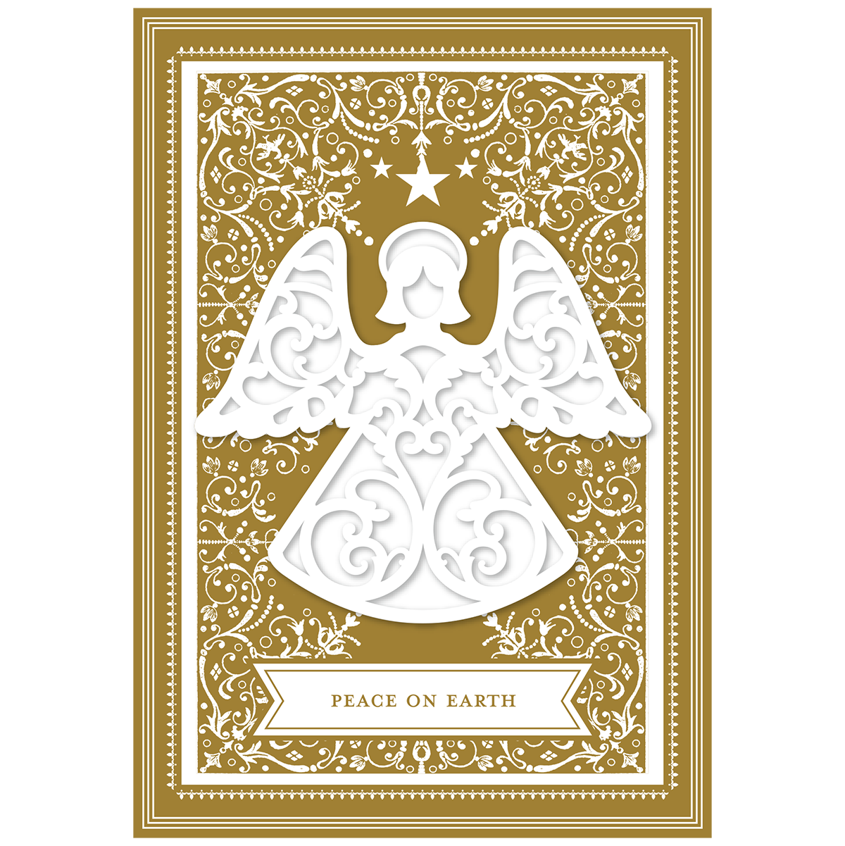 The Angel Gold Boxed Card 10 ct features an illustration of an angel adorned with intricate patterns on a gold background. The design includes a star above the angel and a banner at the bottom that reads "Peace on Earth." These cards are perfect for adding depth and elegance to your handmade holiday greetings, making them ideal for creating stunning 3-dimensional cards.