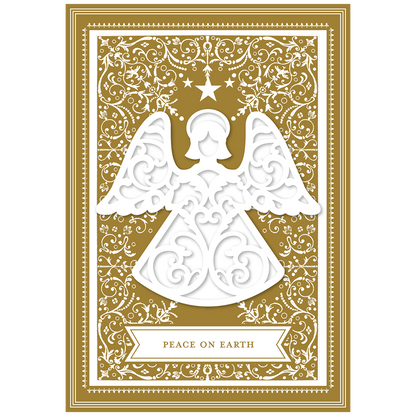 The Angel Gold Boxed Card 10 ct features an illustration of an angel adorned with intricate patterns on a gold background. The design includes a star above the angel and a banner at the bottom that reads "Peace on Earth." These cards are perfect for adding depth and elegance to your handmade holiday greetings, making them ideal for creating stunning 3-dimensional cards.