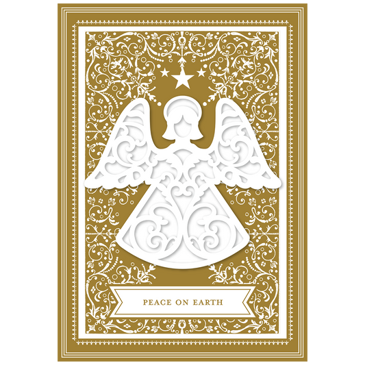 The Angel Gold Boxed Card 10 ct features an illustration of an angel adorned with intricate patterns on a gold background. The design includes a star above the angel and a banner at the bottom that reads "Peace on Earth." These cards are perfect for adding depth and elegance to your handmade holiday greetings, making them ideal for creating stunning 3-dimensional cards.