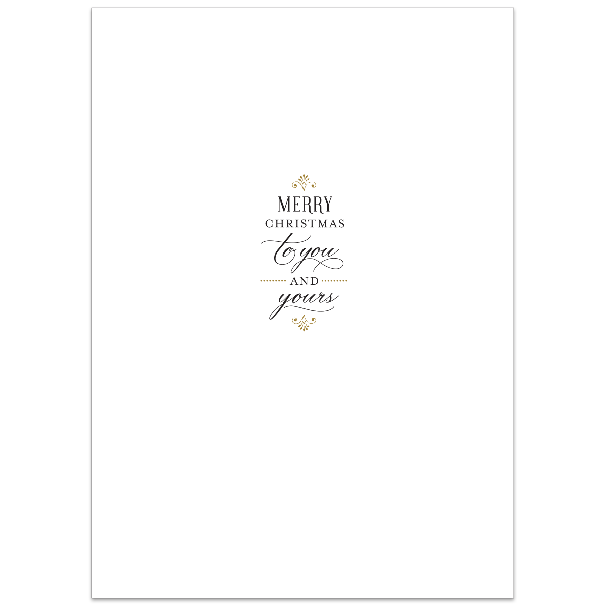 White card from the "Believe in Santa Boxed Card 10 count" set with text in the center: "Merry Christmas to you and yours" in black and gold typography, featuring specialty finishes.