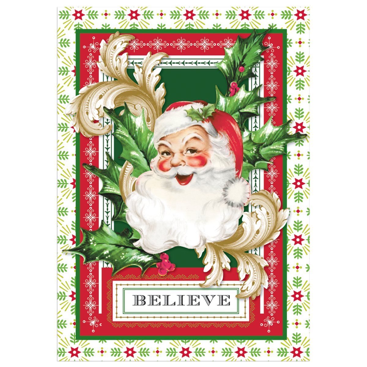 Introducing the "Believe in Santa" Boxed Card 10 count set: each festive greeting card showcases a cheerful Santa Claus surrounded by holly leaves, with an elegant red and green Christmas-themed border. These handmade holiday cards are adorned with the word "BELIEVE" at the bottom, enhanced with specialty finishes to add an extra touch of magic.