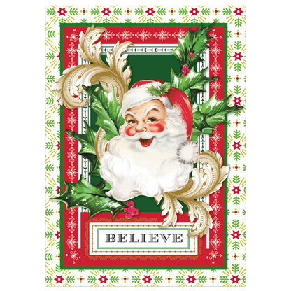 Introducing the "Believe in Santa" Boxed Card 10 count set: each festive greeting card showcases a cheerful Santa Claus surrounded by holly leaves, with an elegant red and green Christmas-themed border. These handmade holiday cards are adorned with the word "BELIEVE" at the bottom, enhanced with specialty finishes to add an extra touch of magic.