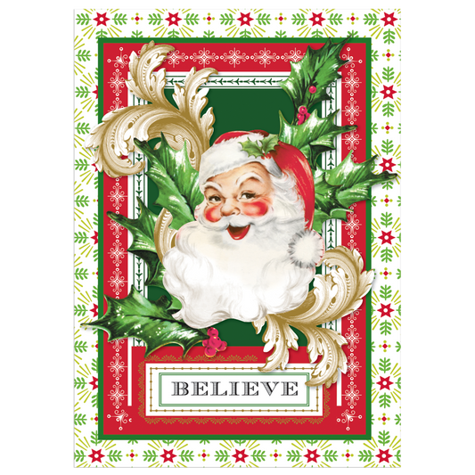 Introducing the "Believe in Santa" Boxed Card 10 count set: each festive greeting card showcases a cheerful Santa Claus surrounded by holly leaves, with an elegant red and green Christmas-themed border. These handmade holiday cards are adorned with the word "BELIEVE" at the bottom, enhanced with specialty finishes to add an extra touch of magic.