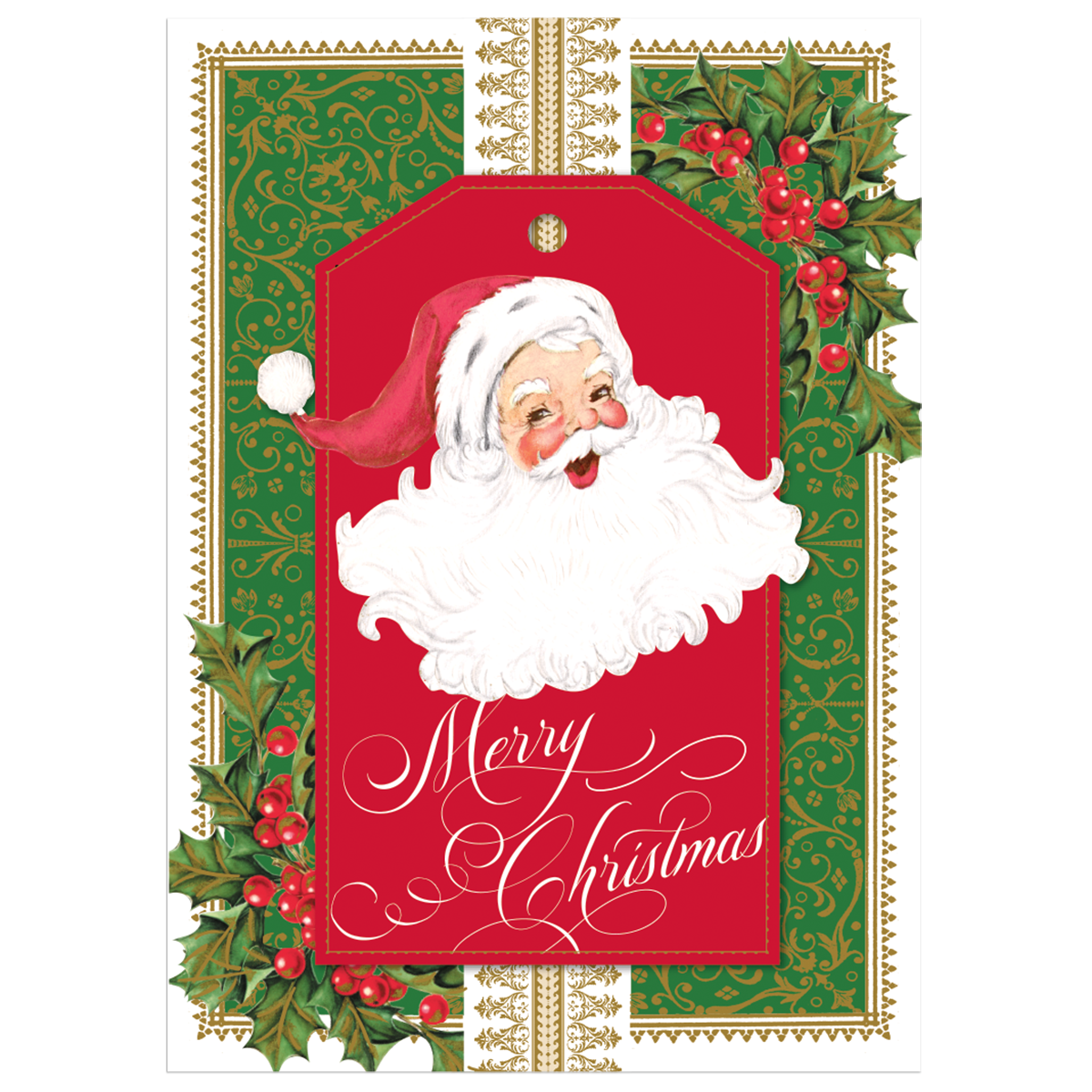 The Merry Santa Boxed Card 10 count set features Christmas cards with a cheerful Santa Claus on a red tag, adorned with the text "Merry Christmas" in an elegant script. The green background with gold detailing and holly decorations makes these cards an exquisite addition to any handmade holiday card collection.