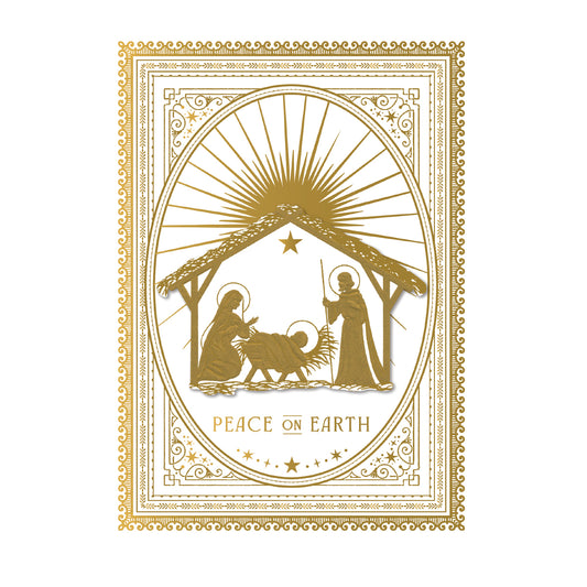 The Nativity Boxed Cards 10ct feature a gold illustration of baby Jesus, Mary, and Joseph under a stable with decorative borders. "Peace on Earth" is printed below—perfect for handmade holiday or Christmas cards.