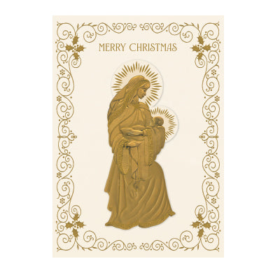 The Madonna and Child Boxed Card 10ct features a gold illustration of Mary holding baby Jesus, centered on a cream background with ornate gold borders and "Merry Christmas" at the top.