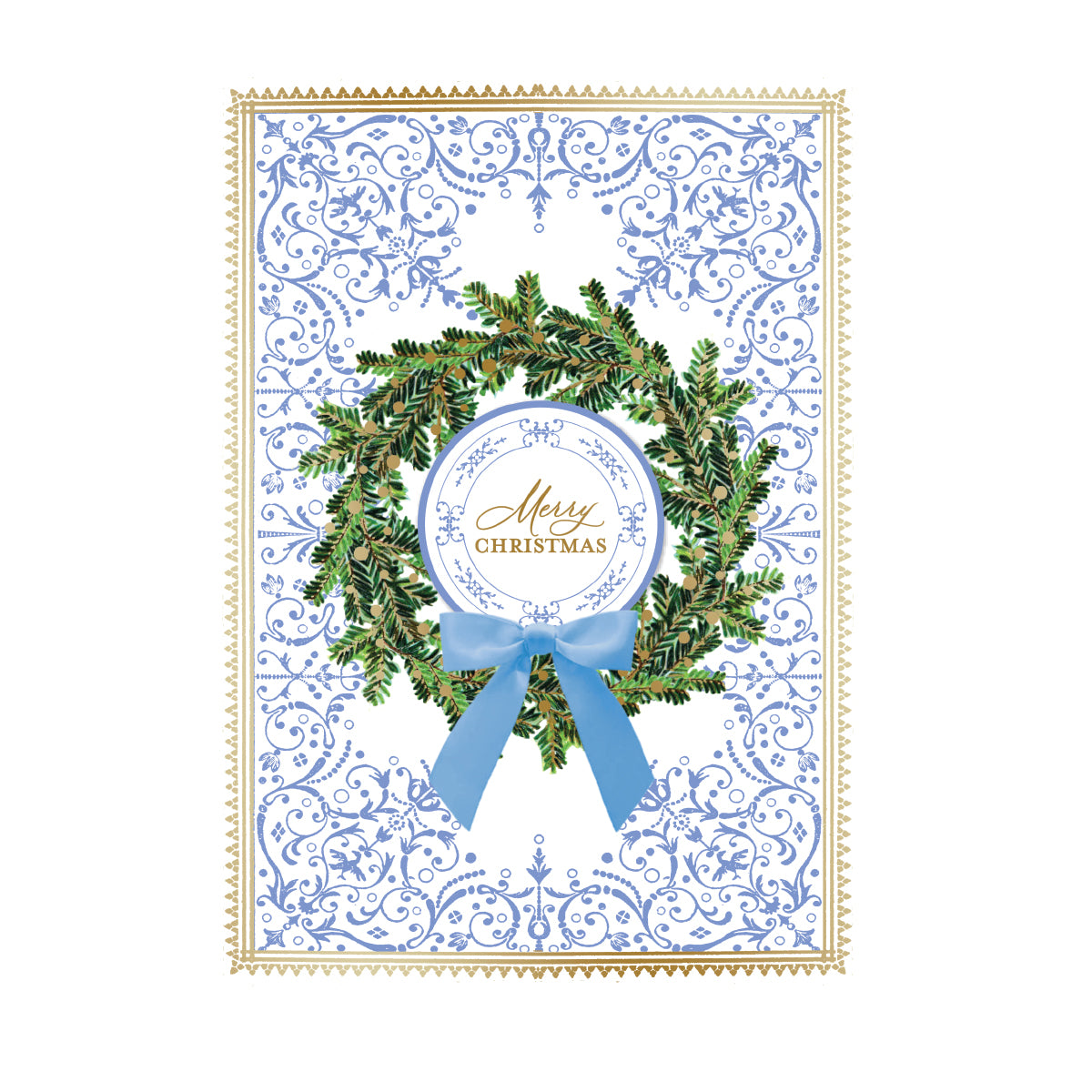 The Blue Bow Wreath Boxed Card 10ct features a green wreath with a blue bow and "Merry Christmas" in gold script, gold foil accents, blue patterns, and a gold border on a white background.