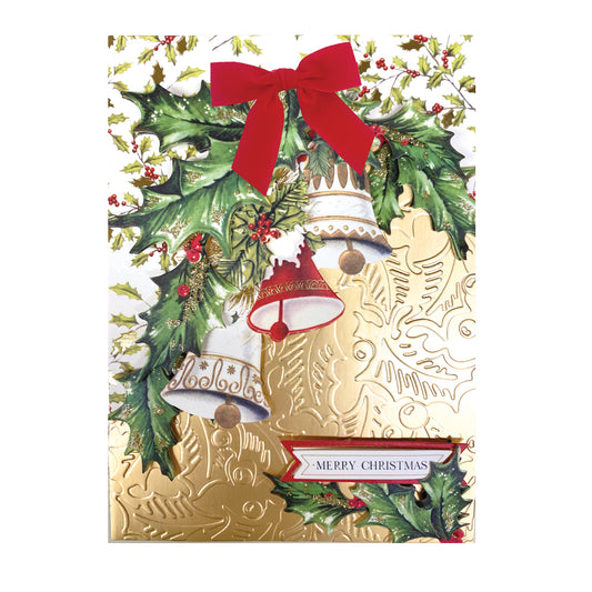 A handmade boxed card from the Christmas Bells Boxed Card 10ct set features holly, three decorated bells with a red bow, gold glitter accents on a gold embossed background, and "Merry Christmas" in the bottom right corner.