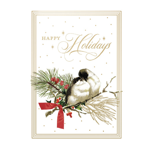 The Holidays Birds Boxed Cards 10ct features elegant handmade holiday cards with "Happy Holidays" text, two birds on a pine branch with red berries and a red bow, gold accents, and a white background with gold dots.
