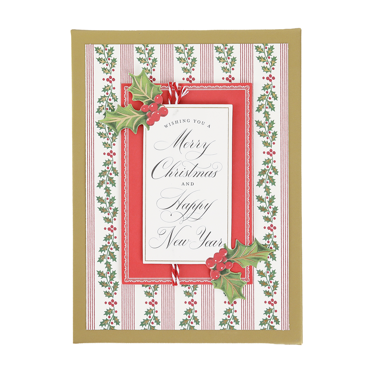 Spread festive cheer with our Mistletoe Striped Boxed Cards (10 ct), featuring holly and berry decorations, a gold border, and the heartfelt message “Wishing you a Merry Christmas and Happy New Year” in elegant script on a red and white background. Part of our elegant boxed holiday cards collection, these Christmas greeting cards are perfect for sharing warm wishes with loved ones.