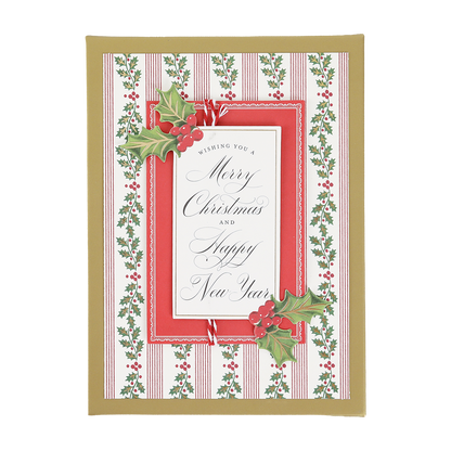 Spread festive cheer with our Mistletoe Striped Boxed Cards (10 ct), featuring holly and berry decorations, a gold border, and the heartfelt message “Wishing you a Merry Christmas and Happy New Year” in elegant script on a red and white background. Part of our elegant boxed holiday cards collection, these Christmas greeting cards are perfect for sharing warm wishes with loved ones.