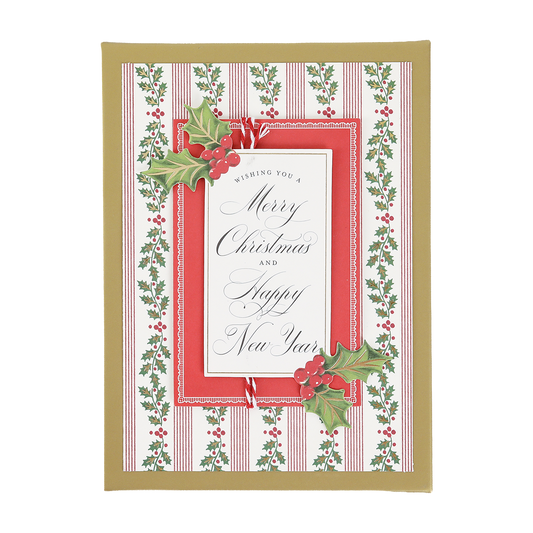 Spread festive cheer with our Mistletoe Striped Boxed Cards (10 ct), featuring holly and berry decorations, a gold border, and the heartfelt message “Wishing you a Merry Christmas and Happy New Year” in elegant script on a red and white background. Part of our elegant boxed holiday cards collection, these Christmas greeting cards are perfect for sharing warm wishes with loved ones.