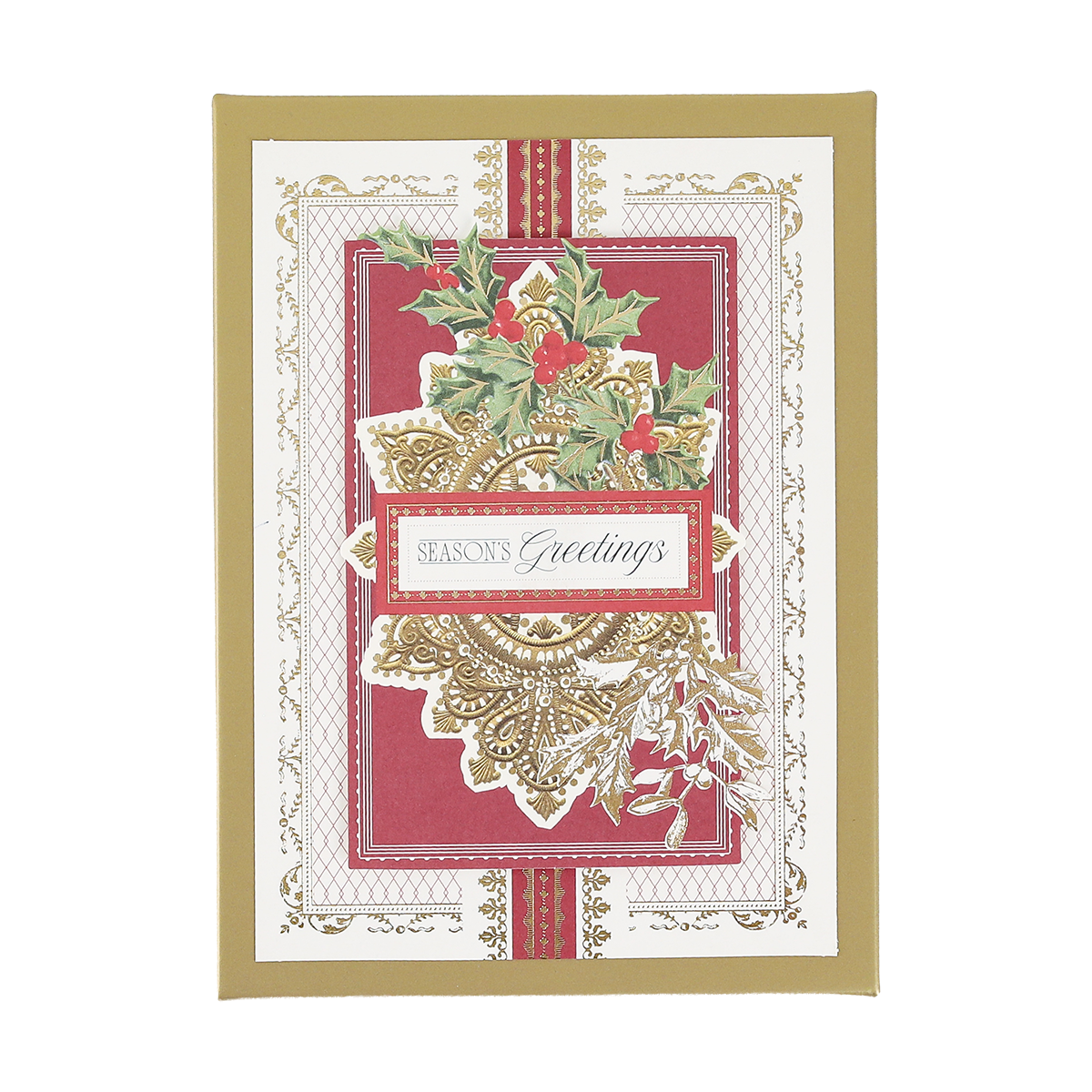 The Gilded Filigree Boxed Cards 10 ct features a festive design with holly leaves and red berries, accented with elegant gold detailing reminiscent of classic gilded holiday cards, and showcases the text “Season’s Greetings” on a bold red and white background.
