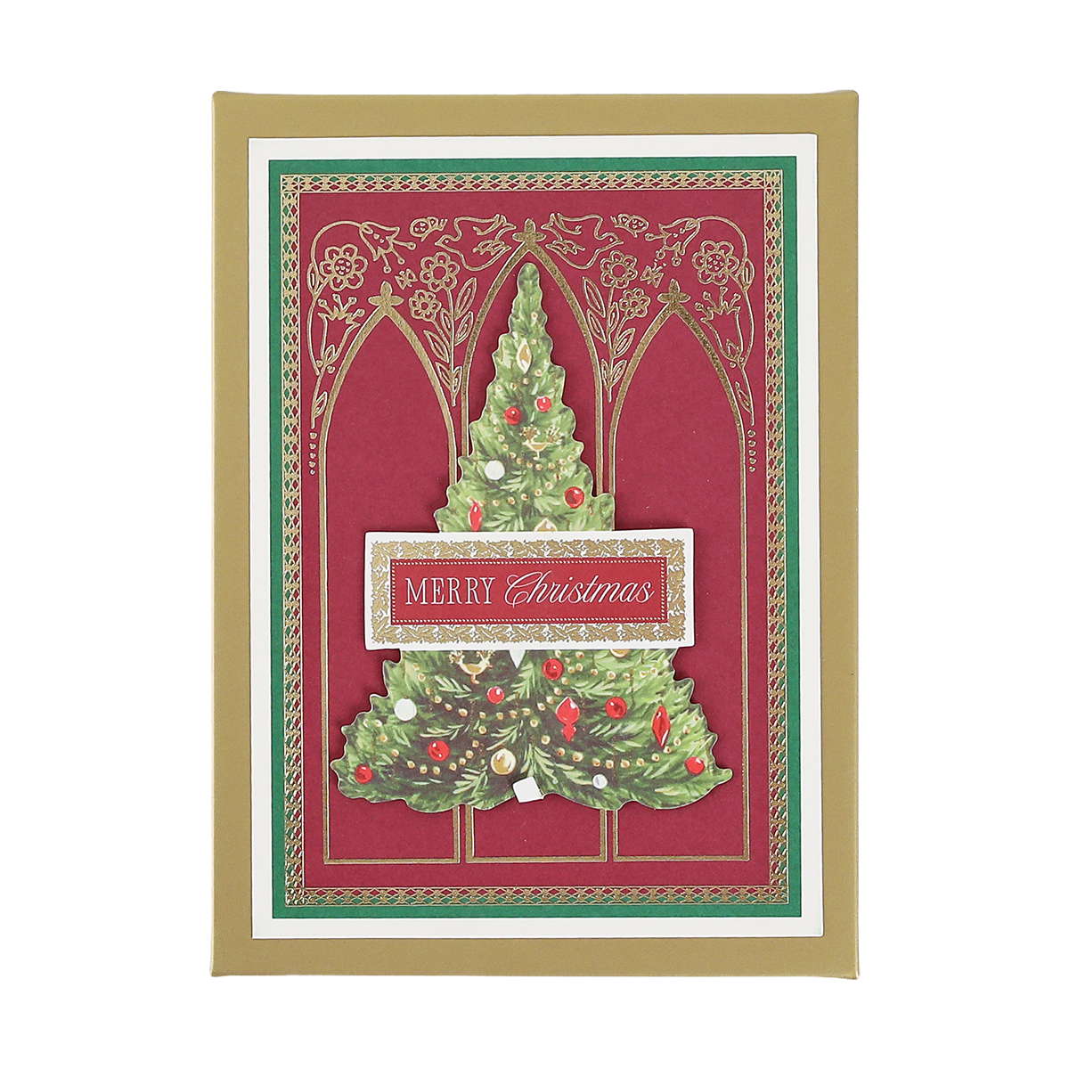 A set of Cathedral Christmas Tree Boxed Cards (10 count), featuring a decorated tree and the words “Merry Christmas” on an elegant red and gold ornate background.