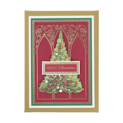 A set of Cathedral Christmas Tree Boxed Cards (10 count), featuring a decorated tree and the words “Merry Christmas” on an elegant red and gold ornate background.