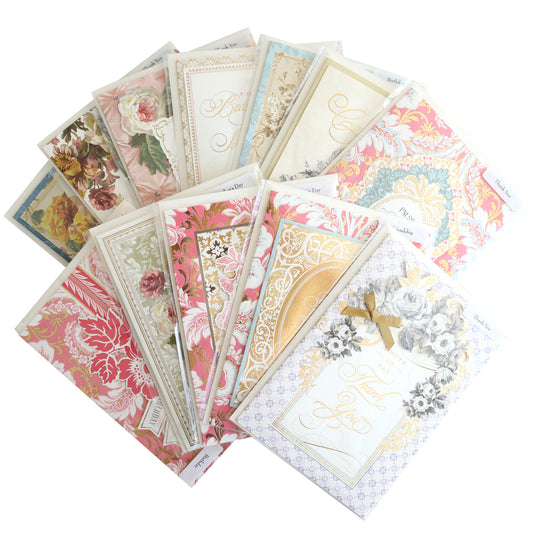 The Handmade Card Assortment features floral-patterned greeting cards displayed in a fanned-out semicircle on a white background.