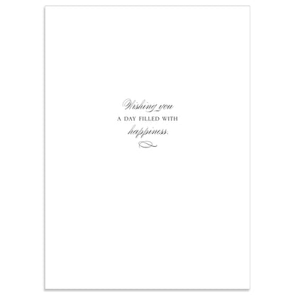 The Cecile Happy Mother's Day Card features "Wishing you a day filled with happiness" in an elegant, simple font centered on a white card, complemented by a printed lined envelope for added charm.