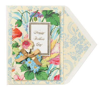 The Cecile Happy Mother's Day Card showcases gold foil accents, a beautifully printed lined envelope, floral artwork, and a gold ribbon.