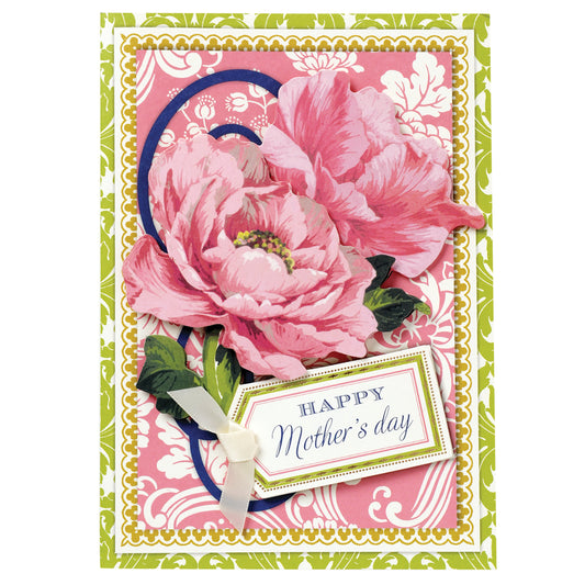 Celebrate Mother's Day with the "Floral Happy Mother's Day" card, featuring a 5" x 7" design of pink flowers, intricate pink and green patterns, a ribboned "Happy Mother's Day" tag, and subtle gold foil accents for a touch of glamour.