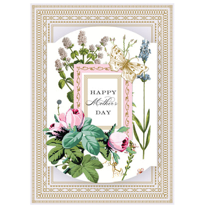 The Botanical Mother's Day Card features pink roses, assorted flowers, and a butterfly with "Happy Mother's Day" in elegant gold foil at the center. It includes a printed lined envelope for added sophistication and measures 5" x 7".