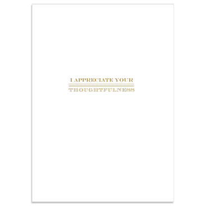 The Amelie Thank You Card is a white 5" x 7" card with "I appreciate your thoughtfulness" embossed in gold foil at the center, paired with a printed lined envelope.