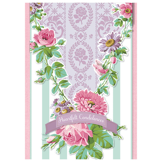 The Amelie Condolences Card features pink roses and green leaves on a striped background with a "Heartfelt Condolences" message in the center. It comes with a printed lined envelope for an added touch of sympathy.