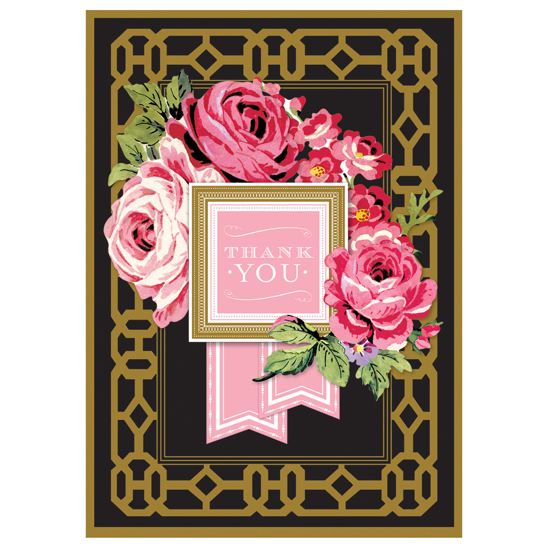 The Black Thank You Card features pink and red roses with a gold geometric border on a black background. The 5" x 7" card comes with a lined envelope, ideal for heartfelt messages.