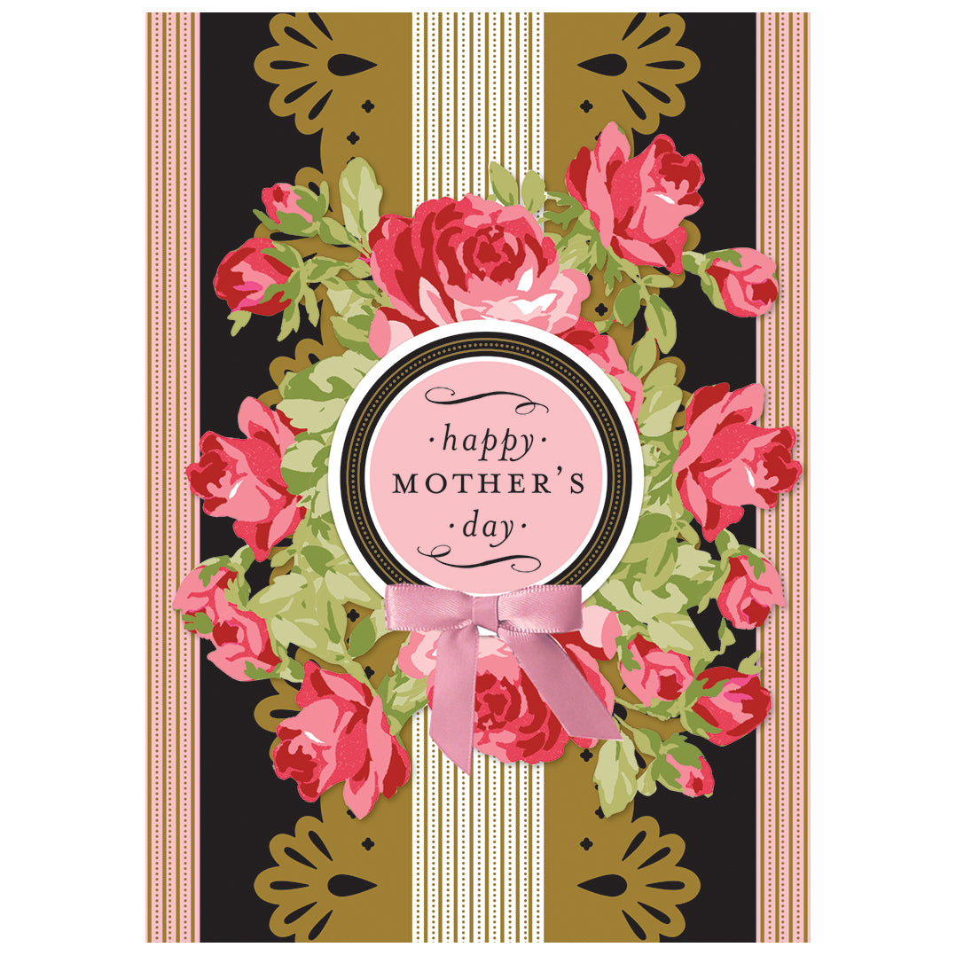 The Black Rose Happy Mother's Day Card showcases pink roses and green leaves, centered around a pink circle with "Happy Mother's Day" and finished with a pink ribbon bow.