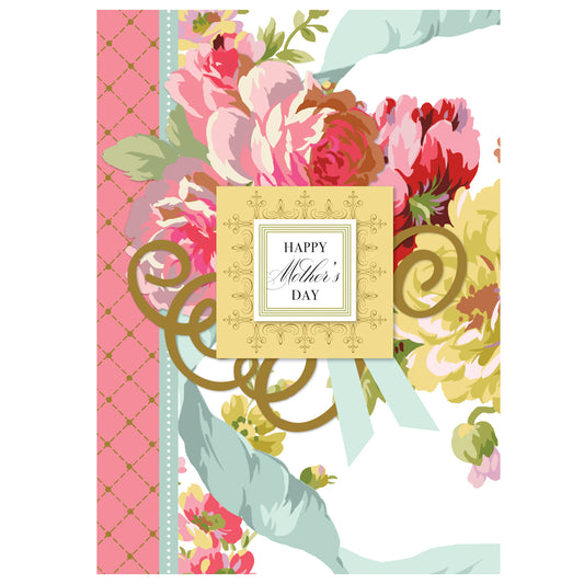 The Rose Mother's Day Card showcases pink, red, and yellow flowers. It features a golden-framed "Happy Mother's Day" in elegant script and includes a printed lined envelope for added sophistication.