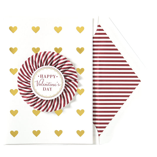 The Valentine's Pleated Rosette Card features gold foil hearts and a red striped badge with "Happy Valentine's Day." It includes a beautifully printed lined envelope.