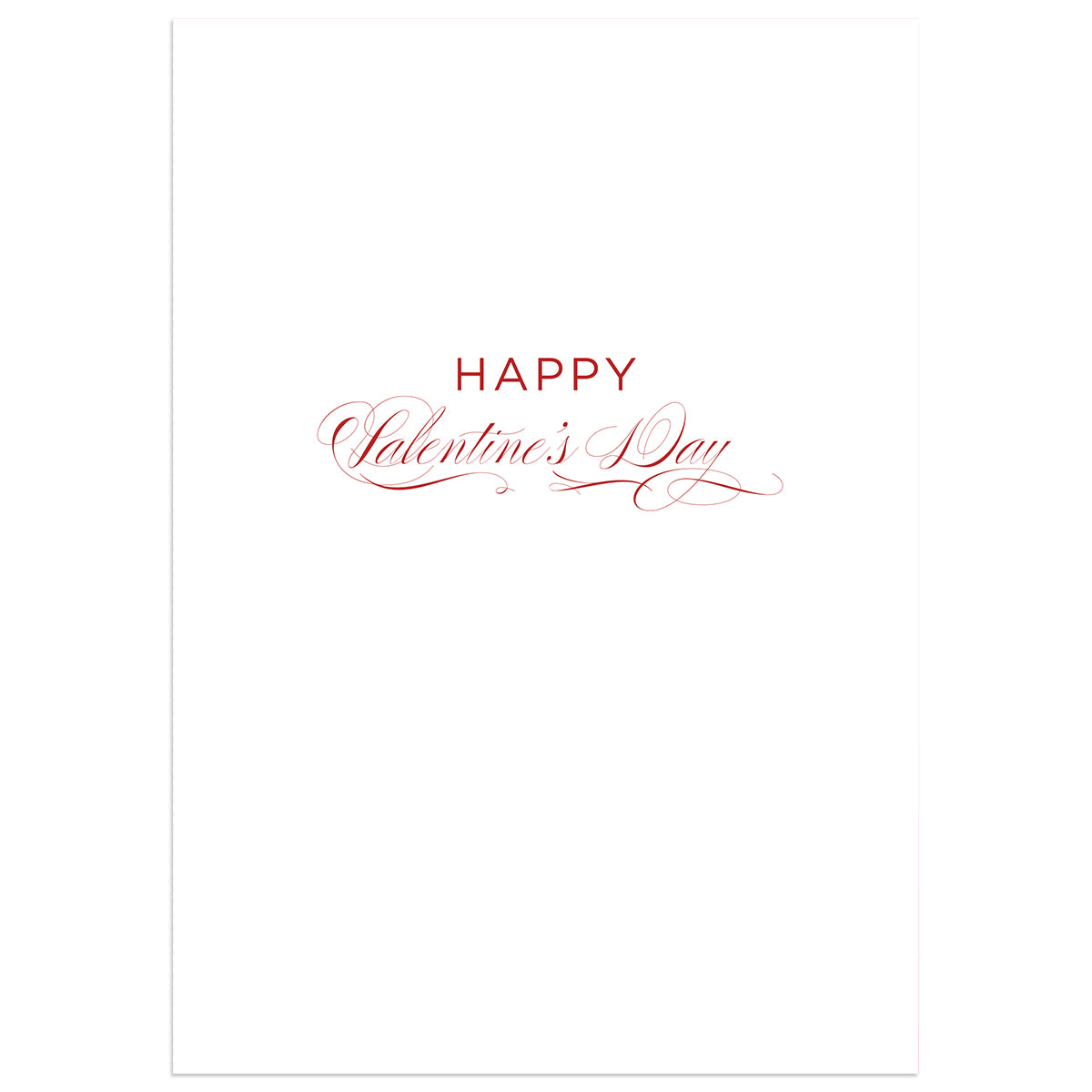 Be Mine Laser Cut Single Card: A white Valentine's Day card featuring "Happy Valentine's Day" in elegant red script, complete with a printed lined envelope.