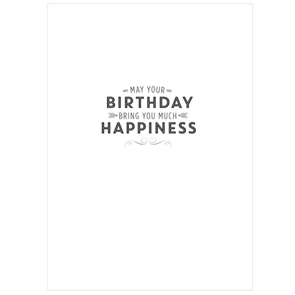 On a gold foil Donuts Happy Birthday Card with black text on a white background, it reads, "May your birthday bring you much happiness," and is paired with a beautifully lined envelope.