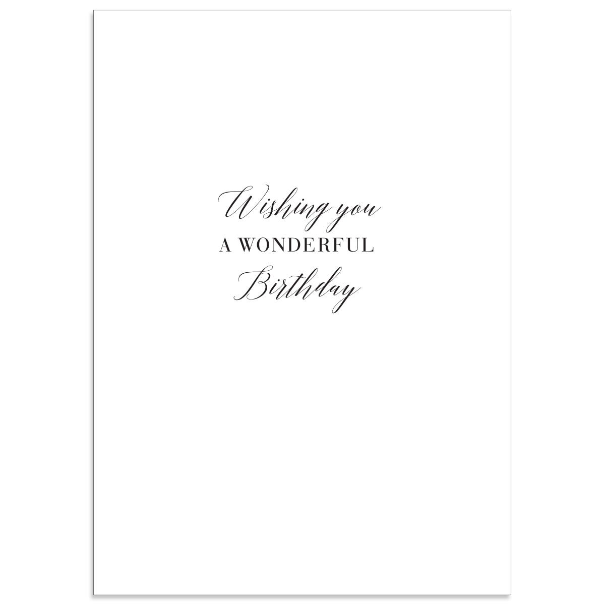 The Rose Black Happy Birthday Card is a stylish 5" x 7" white card with the message "Wishing you a wonderful birthday" in elegant script, highlighted by radiant gold foil accents.