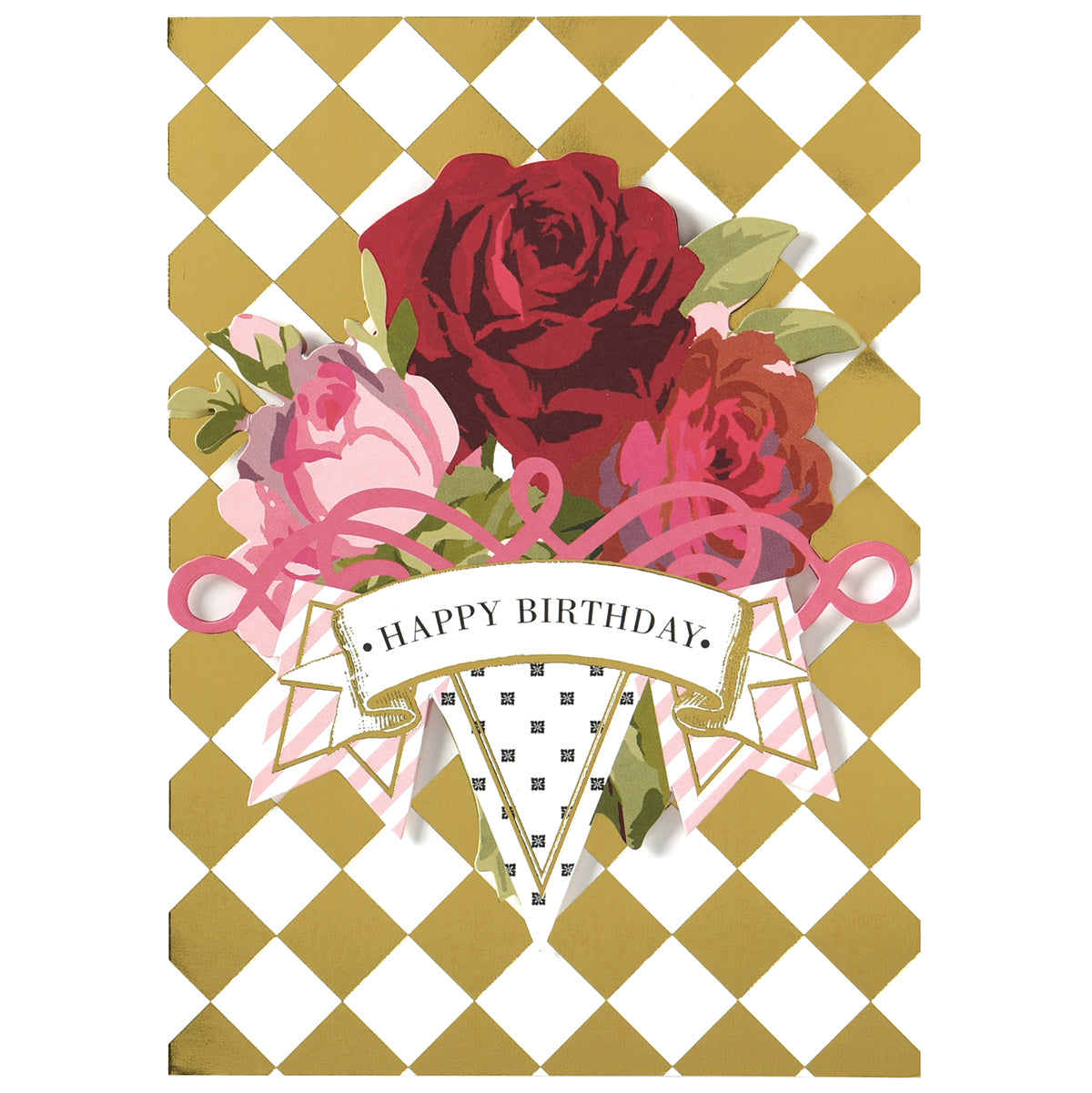 The Rose Black Happy Birthday Card showcases red and pink roses and a "Happy Birthday" banner on a gold diamond-patterned background. The gold foil adds elegance, making it perfect for celebrating someone special.