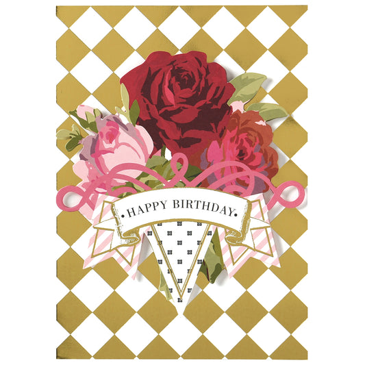 The Rose Black Happy Birthday Card showcases red and pink roses and a "Happy Birthday" banner on a gold diamond-patterned background. The gold foil adds elegance, making it perfect for celebrating someone special.