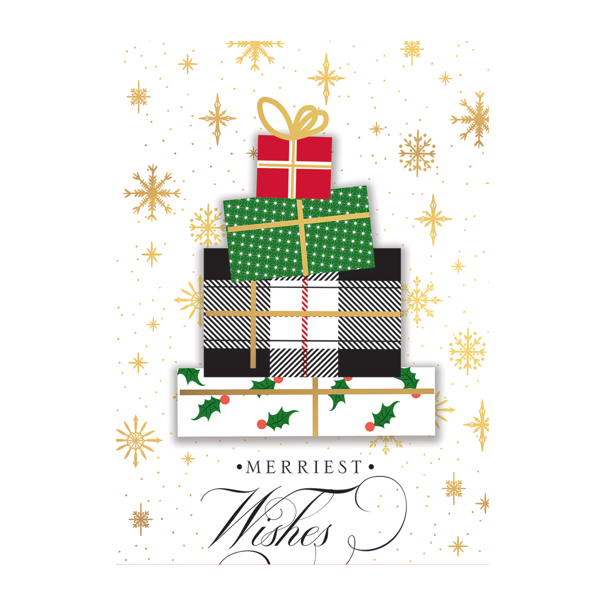 The Plaid Gift Tree Single Card features stacked gift boxes with diverse patterns and a golden bow. Gold snowflakes and holly enhance the design, with "Merriest Wishes" inscribed below.