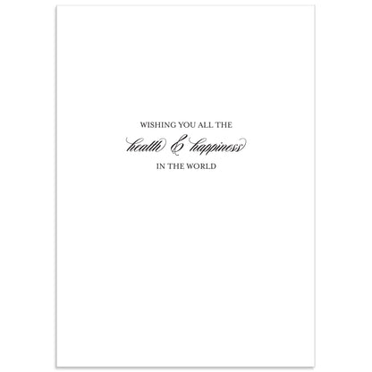 The Delphine Get Well Soon Card features an elegant script wishing "all the health & happiness in the world" on a white background with gold foil accents. It includes a printed lined envelope for a complete, sophisticated greeting card experience.