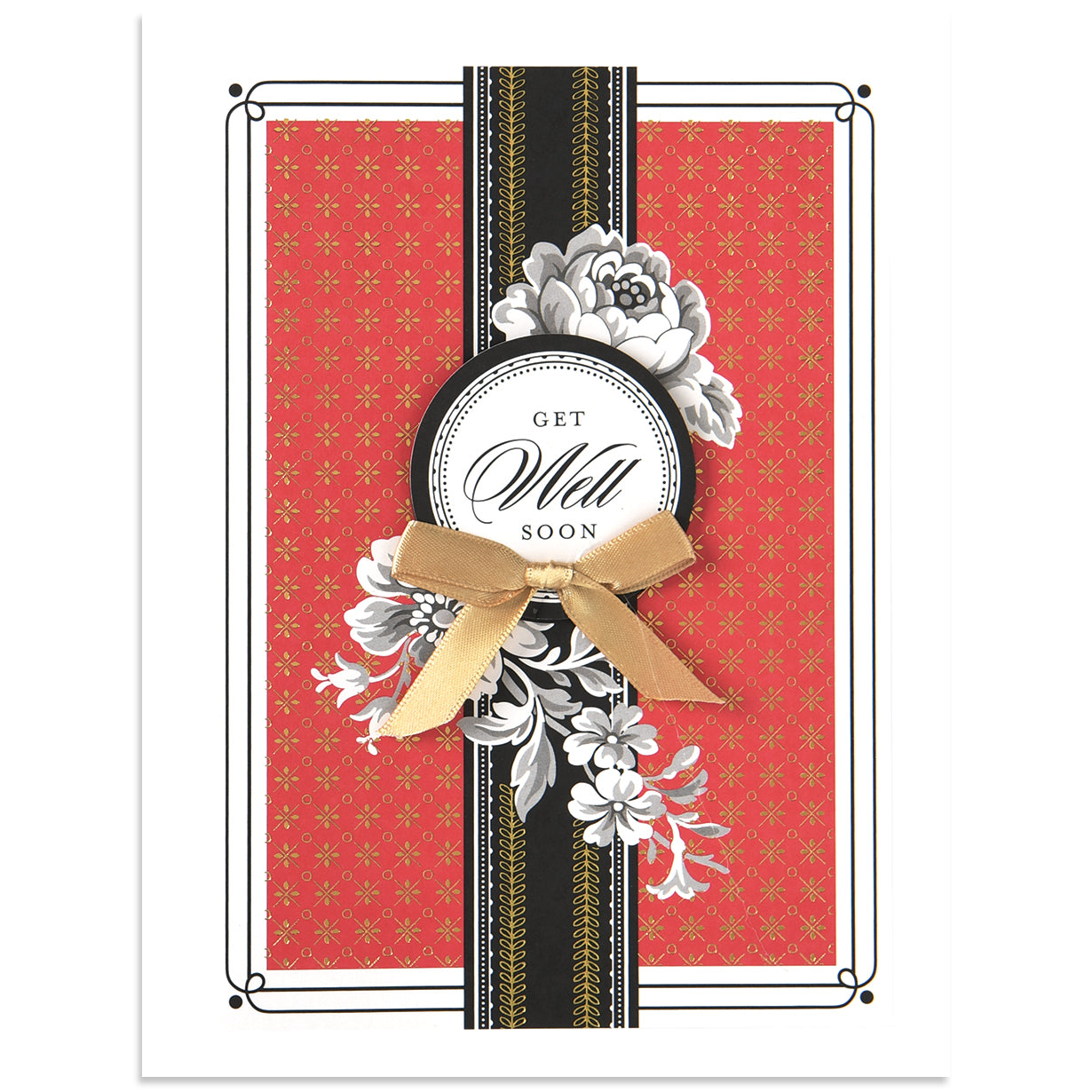 The "Delphine Get Well Soon Card" has a red patterned background, black and gold foil stripes, a white floral design, and a gold bow. It comes with an elegantly coordinated printed lined envelope.