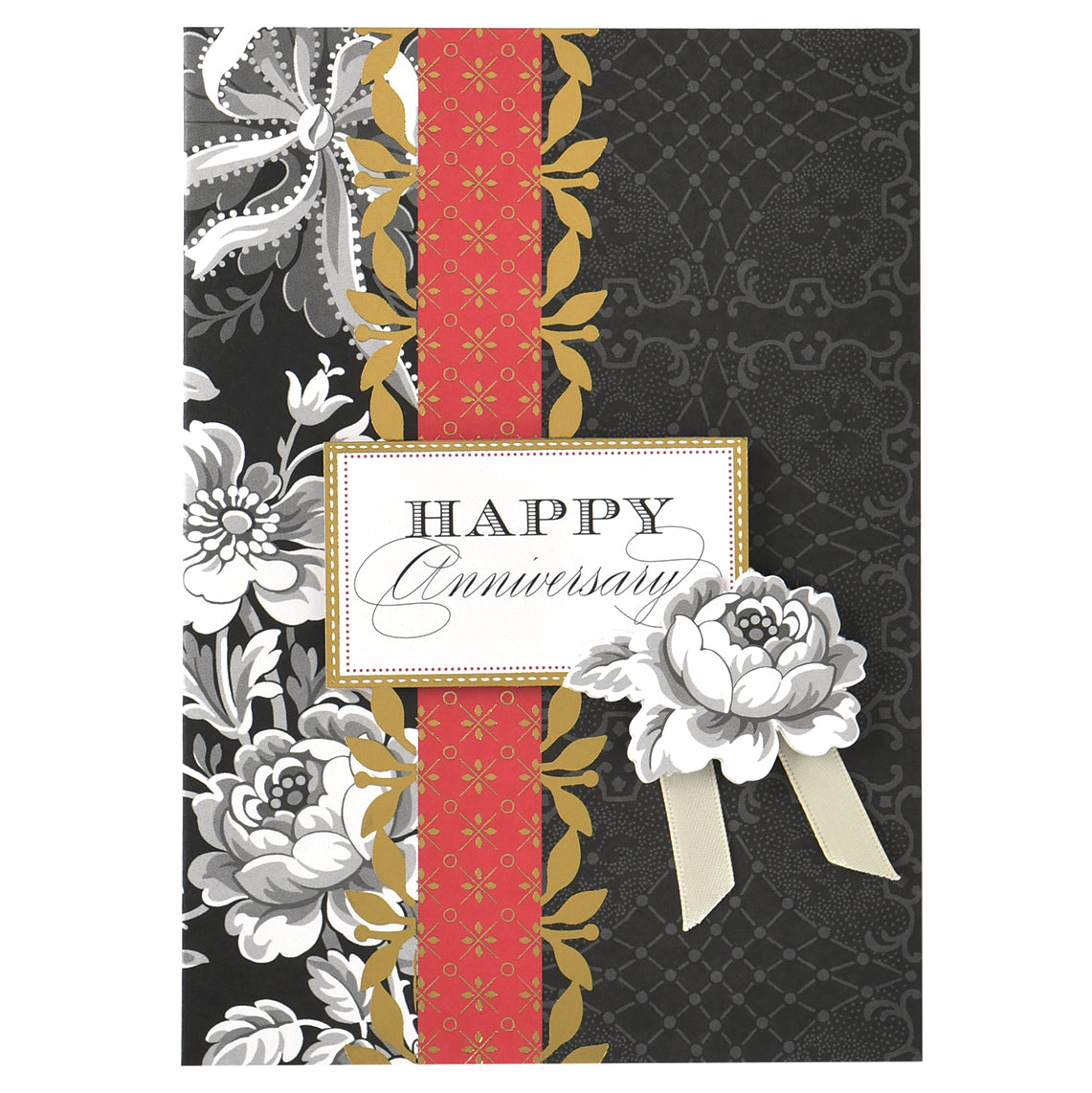 The Delphine Happy Anniversary Card features gold foil floral patterns on a red and black backdrop with "Happy Anniversary" text. It includes a lined envelope, making it an elegant choice for celebrating your journey in love.