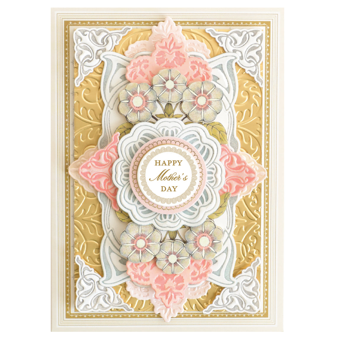 The Salon Nouveau Mother's Day Card features intricate floral and embossed gold foil designs with pink, white, and green accents. The center displays "Happy Mother's Day," conveying a heartfelt love message.