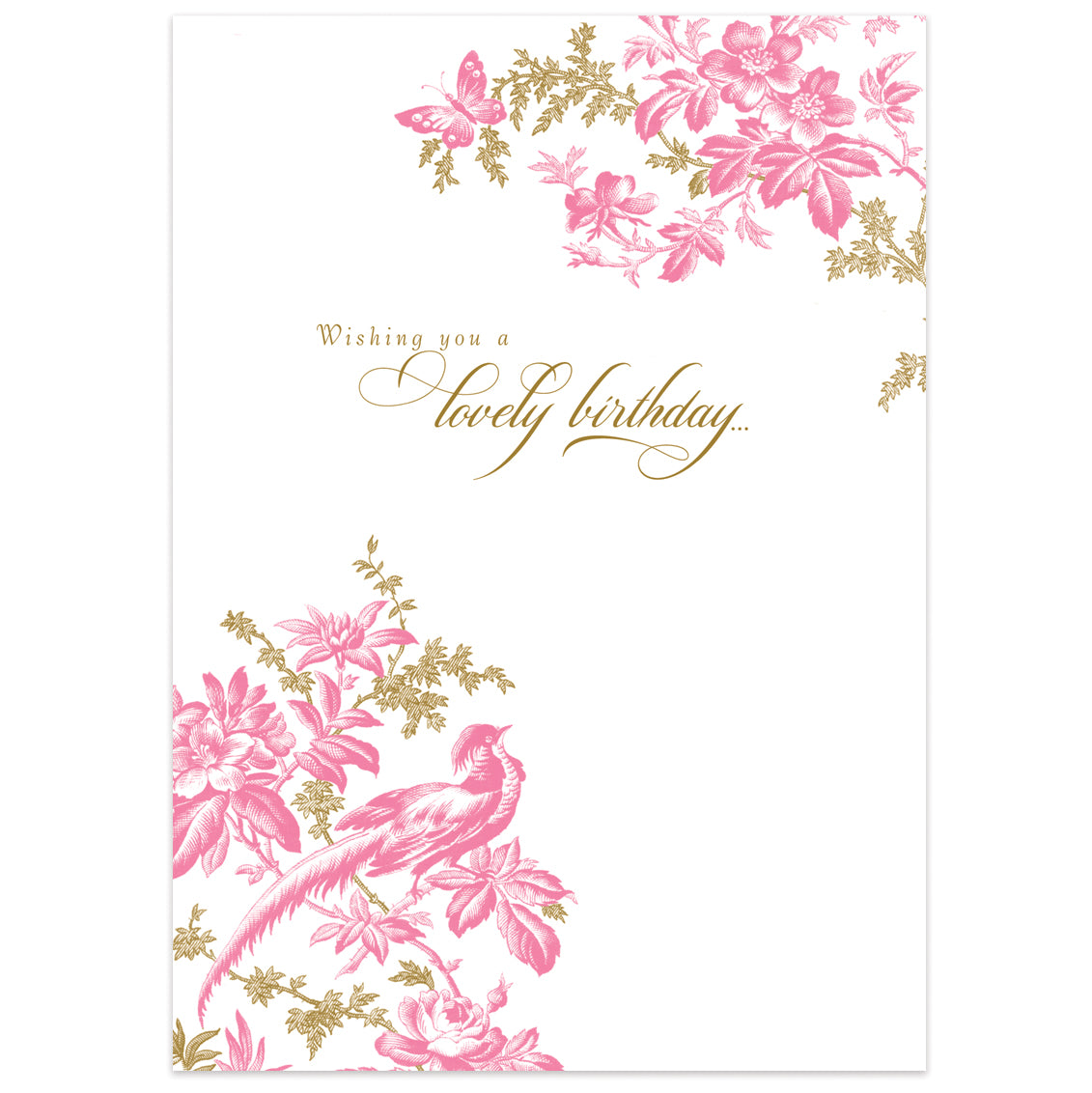 The Modern Botanical Birthday Card showcases a pink floral and bird design with "Wishing you a lovely birthday" in gold foil cursive. It includes a printed lined envelope to add charm and ensure your wishes come true.